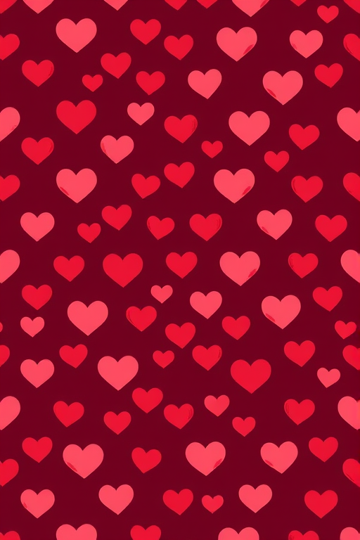 Create a seamless pattern of various small hearts in different shades of red on a deep burgundy background, shot with a Canon EOS 5D Mark IV, using a 50mm f/1.8 lens, at ISO 100, f/2.8, with a shallow depth of field for a soft focus effect.