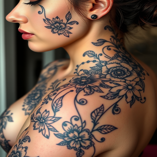 Ornamental blackwork tattoo dubbed "Lace Elegance" featuring delicate floral and filigree patterns inspired by intricate lace designs covering large areas of skin with mesmerizing detail