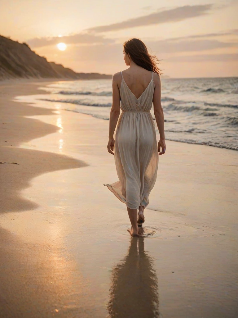 Soft-focus image of a woman in a flowy dress walking barefoot on a deserted beach at sunset, soft golden light reflecting off the water, with gentle waves lapping at the shore.