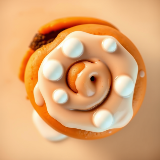Create a high-resolution illustration of an orange cinnamon roll with white icing dots on top, using a soft focus lens, overhead view, f/2.8 aperture, ISO 100, with vibrant colors and smooth gradients for a visually appealing effect.