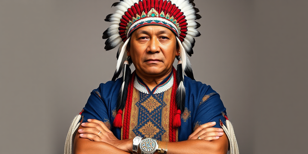 Create a dignified portrait of a Native American man dressed in traditional attire. He wears a beautifully crafted headdress adorned with white feathers and red beads, along with a beaded headband featuring intricate patterns. His clothing includes a deep blue, patterned shirt and a traditional chest piece with detailed beadwork. His arms are crossed, displaying leather armbands decorated with feathers. The background is simple and neutral, emphasizing his proud and stoic expression. The overall image captures the rich cultural heritage and strength of his persona.