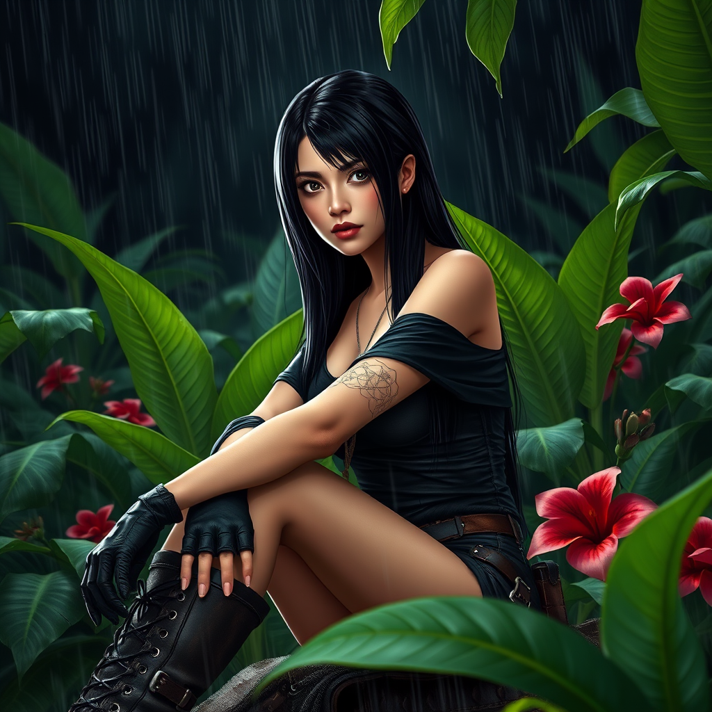 A highly detailed photograph of a woman with long black hair, sitting in the rain beneath lush green foliage. She wears a black off-the-shoulder top, fingerless gloves, and combat boots, giving her a rugged, militaristic look. Her left arm is bandaged, hinting at a recent struggle. The jungle background is vibrant, with large green leaves and red flowers contrasting against the rainy, dark sky. Fine rain droplets add realism and atmosphere to the scene.