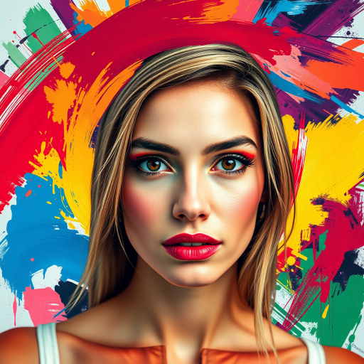generate a vibrant portrait of a woman with colorful abstract elements around her, focus on bold brushstrokes and vivid colors, camera settings: ISO 100, f/1.8, shutter speed 1/200s, camera view: close-up, camera style: high saturation, camera type: DSLR