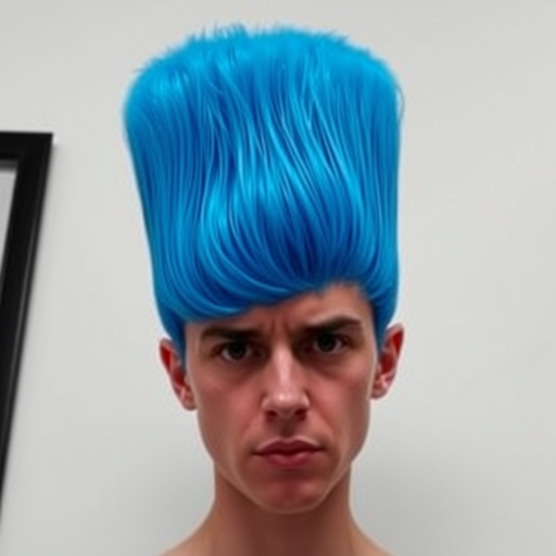 Image of a person with their hair styled upright,  in a cylinder shape. The hair  color is neon blue and appears to be held in place by a hair product, giving it a fluffy texture. The background is nondescript, and the person's face is looking at the viewer nervously.
