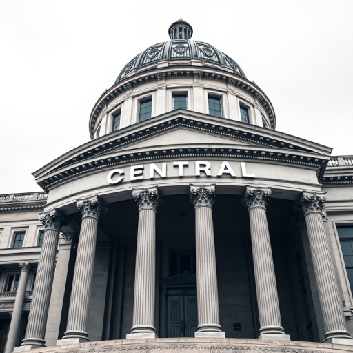 Create a high-resolution architectural illustration of a neoclassical building with a dome and columns, featuring the word CENTRAL prominently on the facade, shot with a Canon EOS 5D Mark IV at f/8, ISO 100, 24mm focal length, using a wide-angle lens and a low angle view to emphasize the grandeur of the structure.