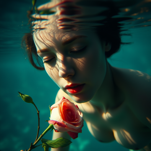 A woman underwater, gazing at a rose Her face is reflected in the water's surface The scene is illuminated by sunlight filtering through the water The atmosphere is serene and contemplative