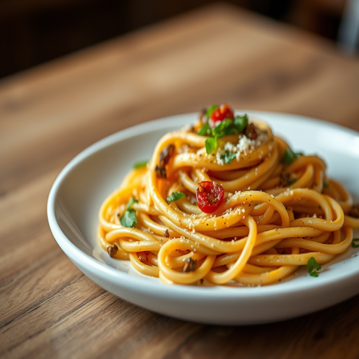 Create a high-resolution image of a gourmet pasta dish on a white plate with a blurred bokeh background, using a Canon EOS R5 with a 85mm lens at f/1.4, ISO 100, 1/200s, shot from a slightly elevated angle to capture the texture and detail of the pasta.
