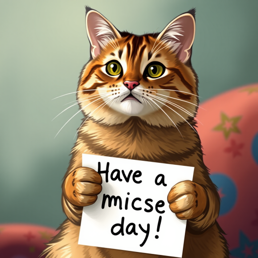 cat holding a note which says "Have a mice day!"