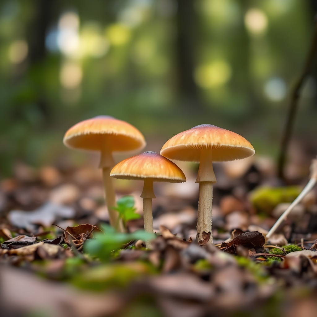Capture a close-up of mushrooms in a forest setting with a shallow depth of field, using a DSLR camera at f/2.8, ISO 200, 1/200s, with a 50mm lens to emphasize the foreground mushrooms against a softly blurred background.