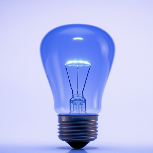 Create a high-resolution image of a blue LED bulb with a soft glow, using a macro lens at f/2.8, ISO 100, 1/60 shutter speed, in a well-lit studio setting with a white background and a slight vignette effect for depth.