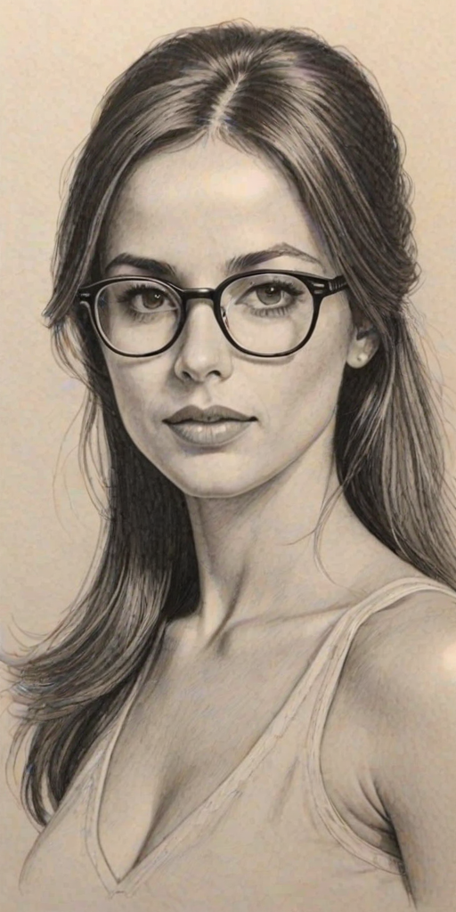Enticing Freddie Prinze Jr., pencil sketch, portrait of Captivating woman 1976s in glasses, hair style beatnik, outline, clear lines, fine lines, 8k