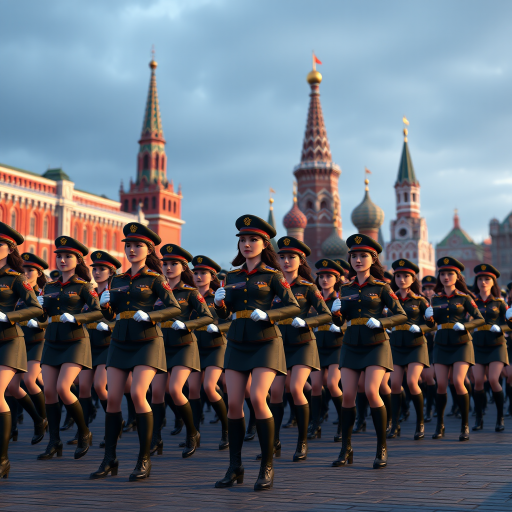 Cartoon 3D Military parade in Red Square in Moscow with military women wearing short skirts.