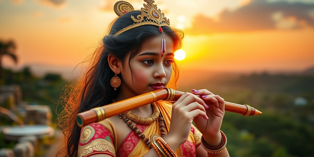 Create a vibrant image of a young deity playing a flute with a picturesque landscape, golden sunset, and lush greenery in the background, using a DSLR camera, 50mm lens, f/1.8 aperture, ISO 100, soft natural lighting, and a low angle view to enhance the serene expression and details in the attire.