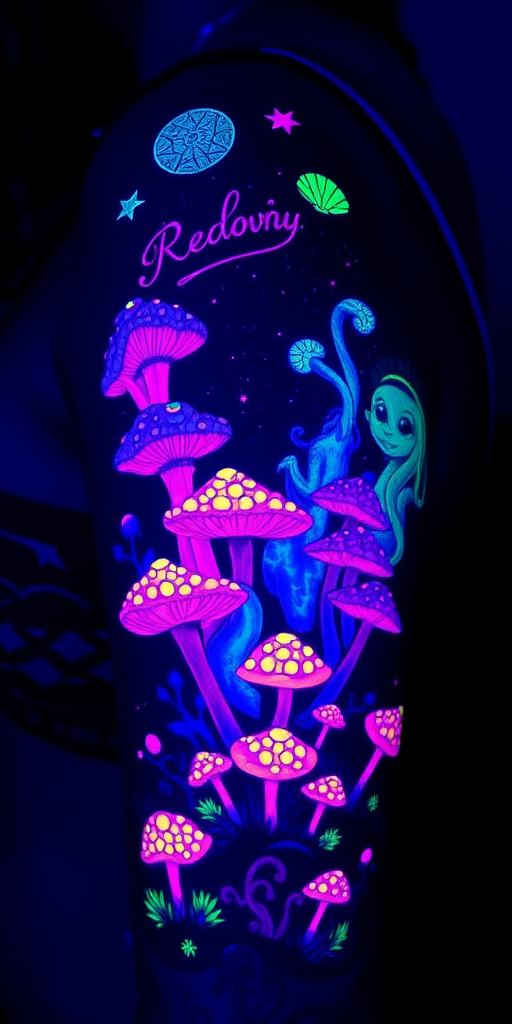 Vivid UV blacklight tattoo dubbed "Neon Dreamscape" featuring a surreal landscape of glowing mushrooms and ethereal creatures that come to life under ultraviolet light