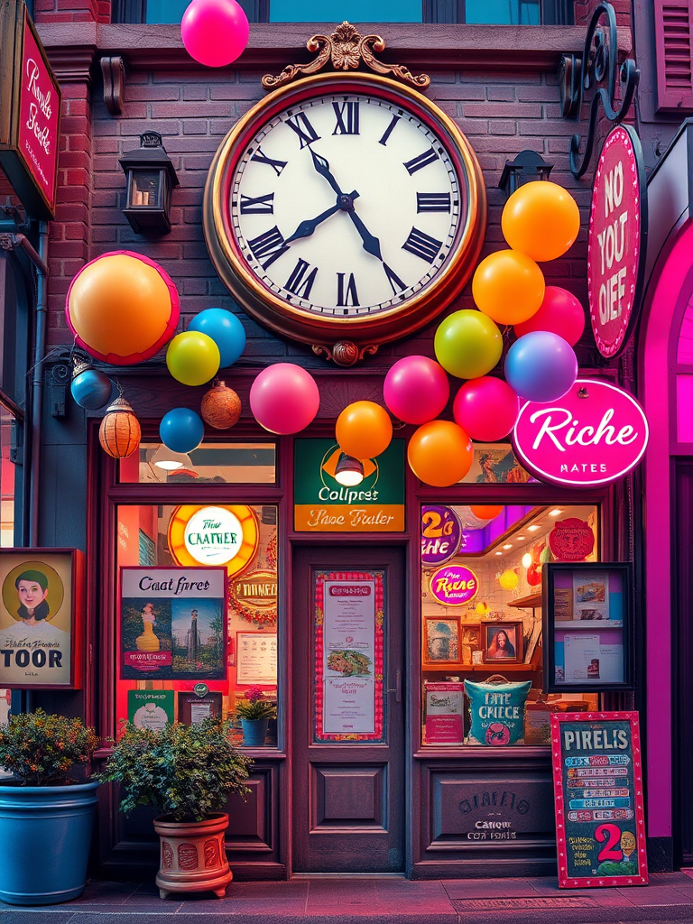 Create a vibrant pixel art scene of a whimsical shopfront with a large clock, colorful balloons, and retro signage, captured with a Canon EOS R5, 35mm lens, f/8 aperture, ISO 100, photographing at eye level for depth and clarity.