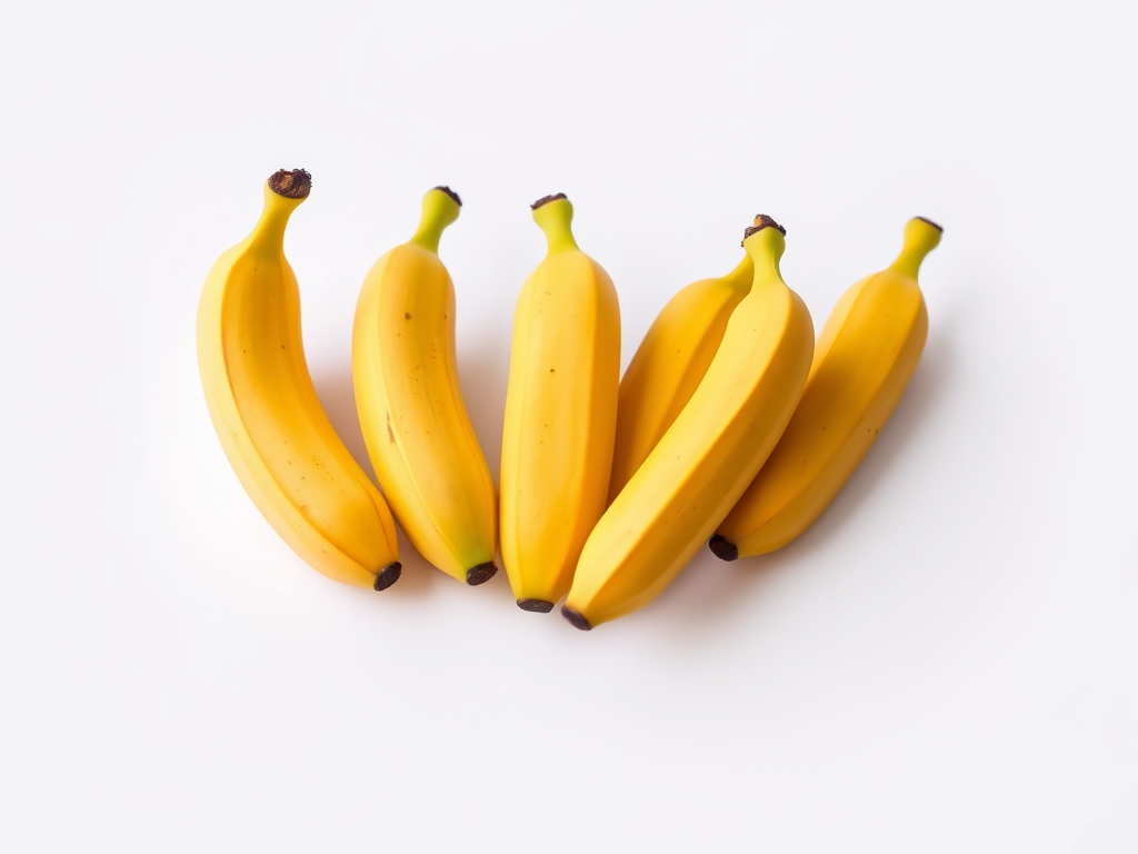 Create a high-resolution image of five ripe bananas arranged artistically on a white background, using a macro lens with an aperture of f/2.8, ISO 100, and a focal length of 50mm, capturing vibrant colors and detailed textures in natural lighting.