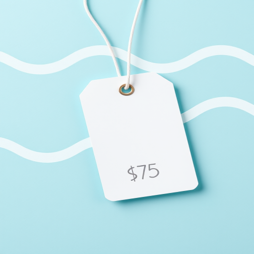 Create a high-resolution image of a price tag with a light blue background and white wavy lines on it, shot with a DSLR camera at f/8 aperture, ISO 100, 50mm lens, using natural light for a clean and crisp look.