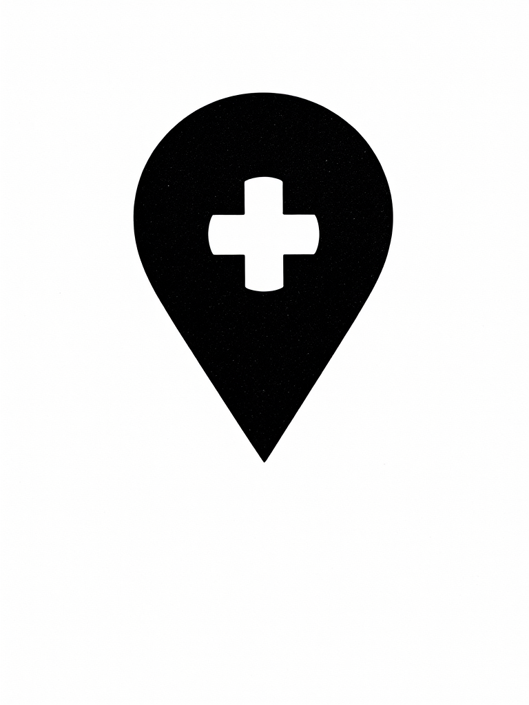 Create a simple black and white map pin icon with a plus sign in the center, using a 50mm lens, f/1.8 aperture, ISO 100, and natural lighting for clarity, shot in a top-down view with a digital camera.
