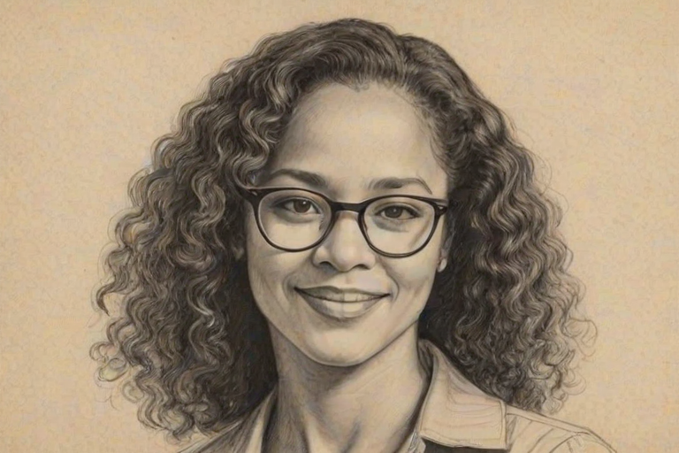 Charming Rae Dawn Chong, pencil sketch, portrait of Charming woman 1930s in glasses, hair style beatnik, outline, clear lines, fine lines, 8k