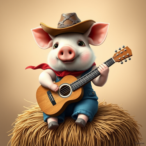A chibi pig, dressed as a cowboy, playing guitar, sitting on a hay bale