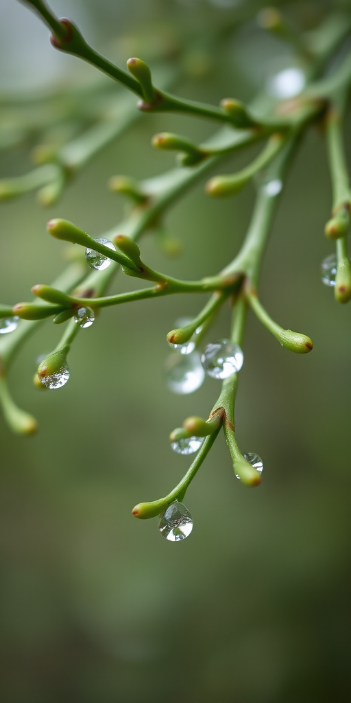 Close-up shot of green branches with water droplets on them, shallow depth of field, soft focus background, natural lighting, f/2.8 aperture, ISO 100, 50mm lens, DSLR camera, macro photography style.