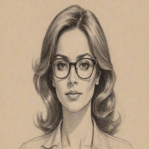 Splendid Erica Cerra, pencil sketch, portrait of Magnificent woman 1970s in glasses, hair style beatnik, outline, clear lines, fine lines, 8k
