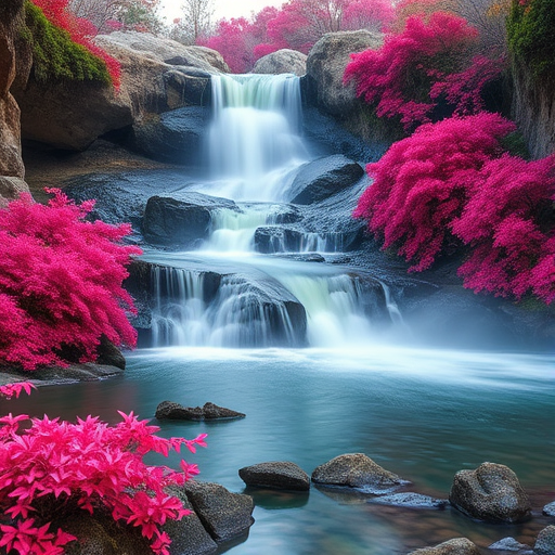 Capture a serene landscape featuring a vibrant waterfall cascading over rocky terrain surrounded by lush pink foliage, with gentle mist rising from the water, shot with a DSLR camera at f/8 aperture, ISO 100, 24mm focal length, and a wide-angle view to emphasize depth and color richness.