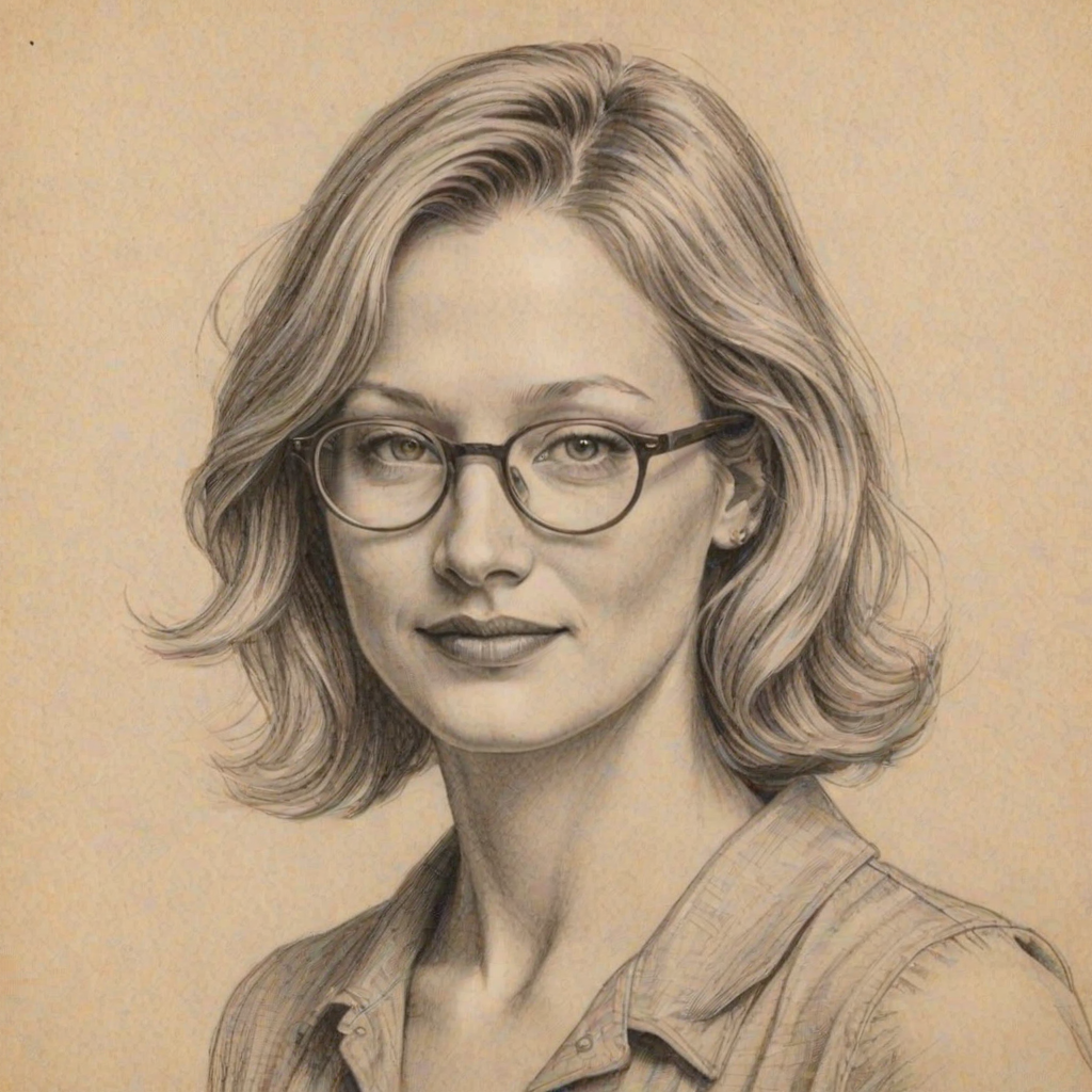Magnificent Joey Lauren Adams, pencil sketch, portrait of Pleasing woman 1924s in glasses, hair style beatnik, outline, clear lines, fine lines, 8k