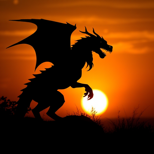 Create a high-resolution silhouette of a mythical creature against a sunset background, using a DSLR camera with a 50mm lens, aperture set to f/2.8, ISO 100, shutter speed of 1/200s, and a landscape view to enhance the contrast and detail.