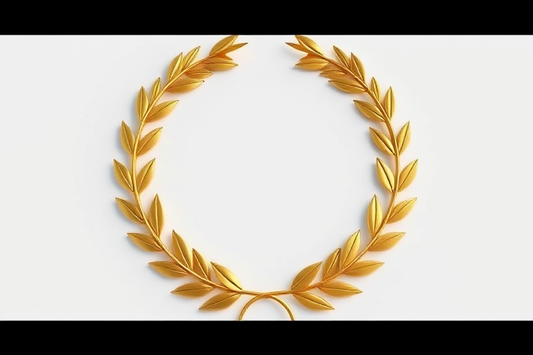 create a 3D rendering of a golden laurel wreath with a white background, using a Canon EOS 5D Mark IV, 24mm f/2.8 lens, f/8 aperture, 1/125s shutter speed, and ISO 100 for enhanced clarity and detail.