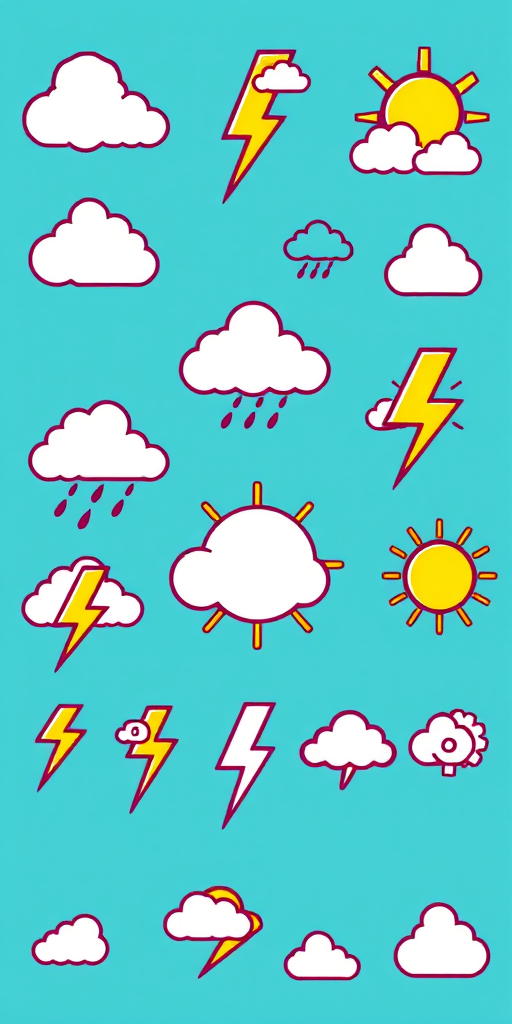 create a digital illustration of various weather icons including clouds, rain, lightning, and sun on a teal background, high resolution 300dpi, taken with a DSLR camera, using a wide-angle lens, focus on vibrant colors and clean lines.