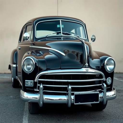 Regenerate the image of a classic black car with chrome accents parked against a neutral background, using a DSLR camera with a 50mm lens at f/1.8, ISO 100, and a shutter speed of 1/200 sec, in a three-quarter front view to enhance details and depth.