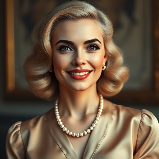 A beautiful Georgian woman reminiscent of 1950s Hollywood glamour, with perfectly styled blonde hair and a seductive smile, dressed in a satin blouse and adorned with pearls, soft and warm tones, photorealistic, 8K