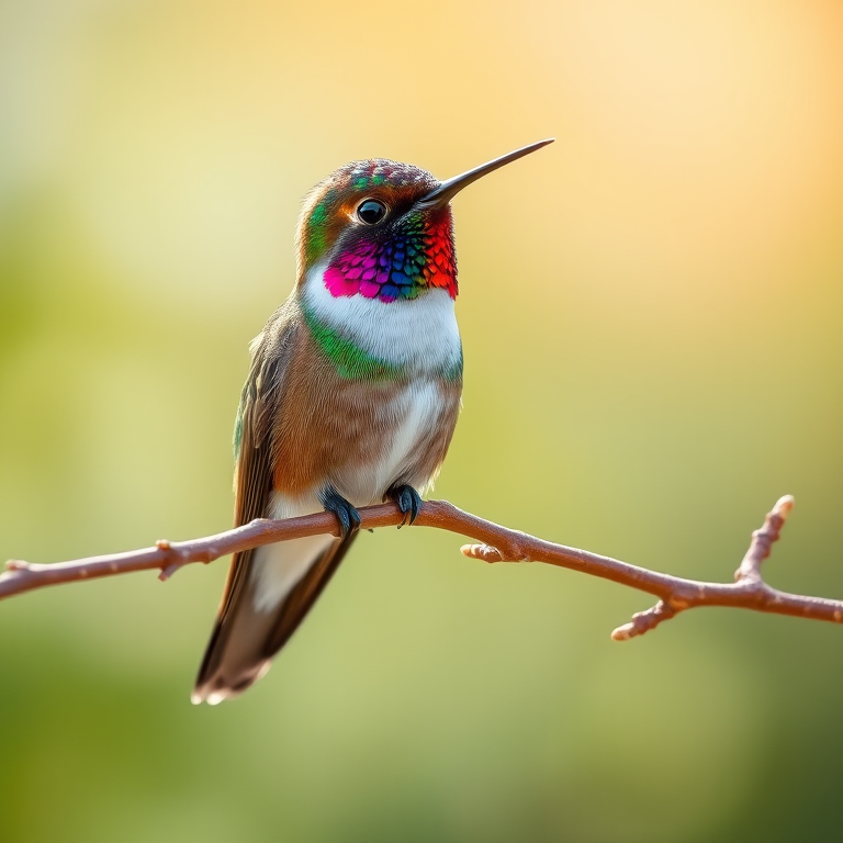 Capture a vibrant hummingbird perched on a delicate branch in soft focus, using a 100mm f/2.8 lens, aperture at f/4 for a shallow depth of field, ISO 200, shutter speed 1/500s, with natural sunlight illuminating the scene.
