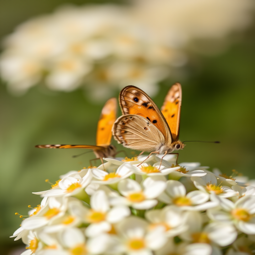 butterflies on white flowers, macro photography, f/2.8 aperture, 1/200 sec shutter speed, ISO 100, natural lighting, 50mm lens, shallow depth of field, close-up view