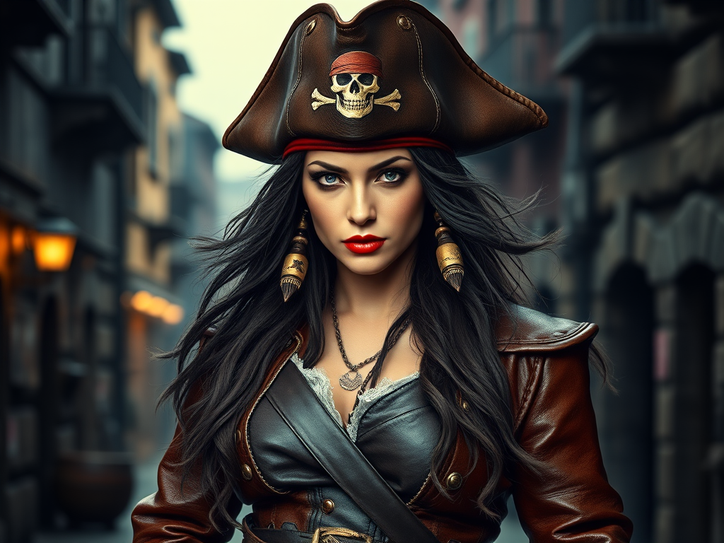 Create a portrait of a fierce female pirate. She wears a leather tricorn hat adorned with a skull and crossbones emblem, and her long, dark hair flows around her face. Her outfit consists of a richly detailed leather jacket, a corset, and multiple layers of belts and accessories, giving her a formidable and stylish appearance. She stands confidently in a dimly lit, historic port town, with a backdrop of weathered buildings and cobblestone streets, capturing the adventurous spirit of a pirate.