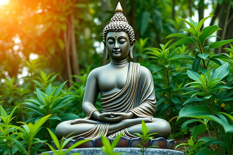 Generate a vibrant, high-resolution image of a serene Buddha statue seated in a meditative pose amidst lush greenery, capturing intricate details in a colorful, stylized manner using a DSLR camera with a 50mm lens, aperture set to f/1.8, ISO 200, and soft natural lighting to enhance texture and depth.