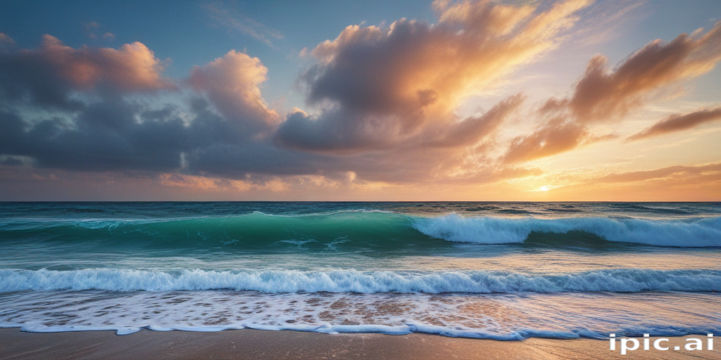 Tranquil Sunset Over the Ocean with Waves and Dramatic Cloudscape