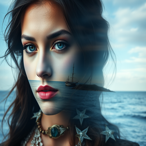 this photo is Book cover, A surreal double exposure portrait that blends a woman's face with a beautiful seascape. The overall mood is dreamy and mystical, with rich colors and intricate details