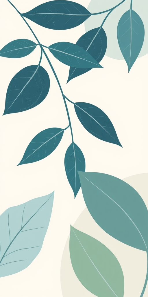 Create a minimalist botanical illustration featuring stylized leaves in shades of blue and green against a soft cream background with abstract shapes, use a Canon EOS R5 with a 50mm f/1.8 lens, set aperture to f/4 for depth of field, ISO 100, and a soft focus effect to enhance texture and detail.