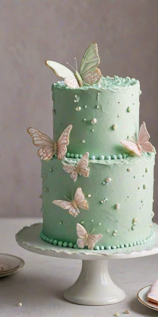 Create a three-layer cake with a smooth mint green frosting. The cake should have delicate pink and white butterflies adorning the top and sides, along with small edible pearls for decoration. The overall appearance should be elegant and appealing, perfect for a celebration.