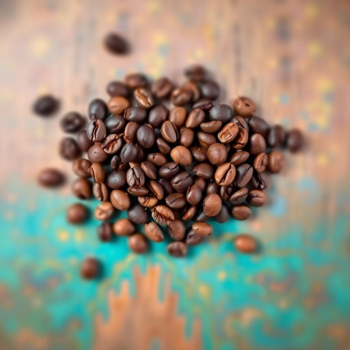 heart shape made of coffee beans with a blurred colorful background, taken with a Canon EOS R5, 50mm f/1.2 lens, aperture f/2.8, ISO 100, natural light, top-down view, high dynamic range, focus on coffee beans for enhanced texture and detail