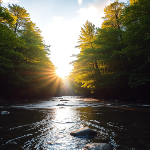 Create an image of a serene, sunlit forest scene with a clear, gently flowing river. Tall trees with lush green foliage line both sides of the river, their leaves bathed in the warm golden light of the setting or rising sun. The sunlight filters through the trees, casting soft, dappled light on the river, which flows over smooth rocks and pebbles, creating a peaceful, natural atmosphere. The sky is bright with a few scattered clouds, and the overall mood is tranquil, evoking a deep sense of connection with nature. The image captures the beauty of a calm, pristine forest landscape at either dawn or dusk.