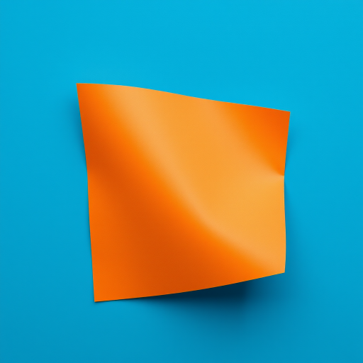Create a high-resolution image of a slightly curled orange sheet of paper against a blue background, use a DSLR camera with 50mm lens, aperture f/2.8, shutter speed 1/125s, ISO 100, soft natural lighting for even illumination, and focus on capturing the texture and sheen of the paper.