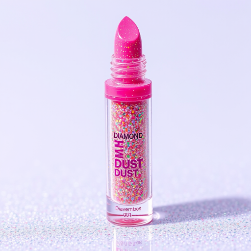 Glitter-packed liquid lipstick titled "Diamond Dust" in a clear base with multi-colored sparkles for a dazzling, jewel-like finish