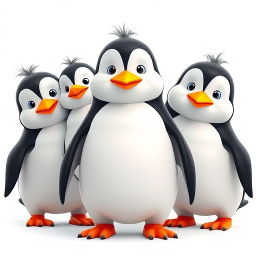 Create an image of five cartoon penguins with exaggerated features, centered in a bright white space, using a DSLR camera with a 50mm lens, aperture set to f/2.8, ISO 100, and soft lighting for enhanced clarity and detail.