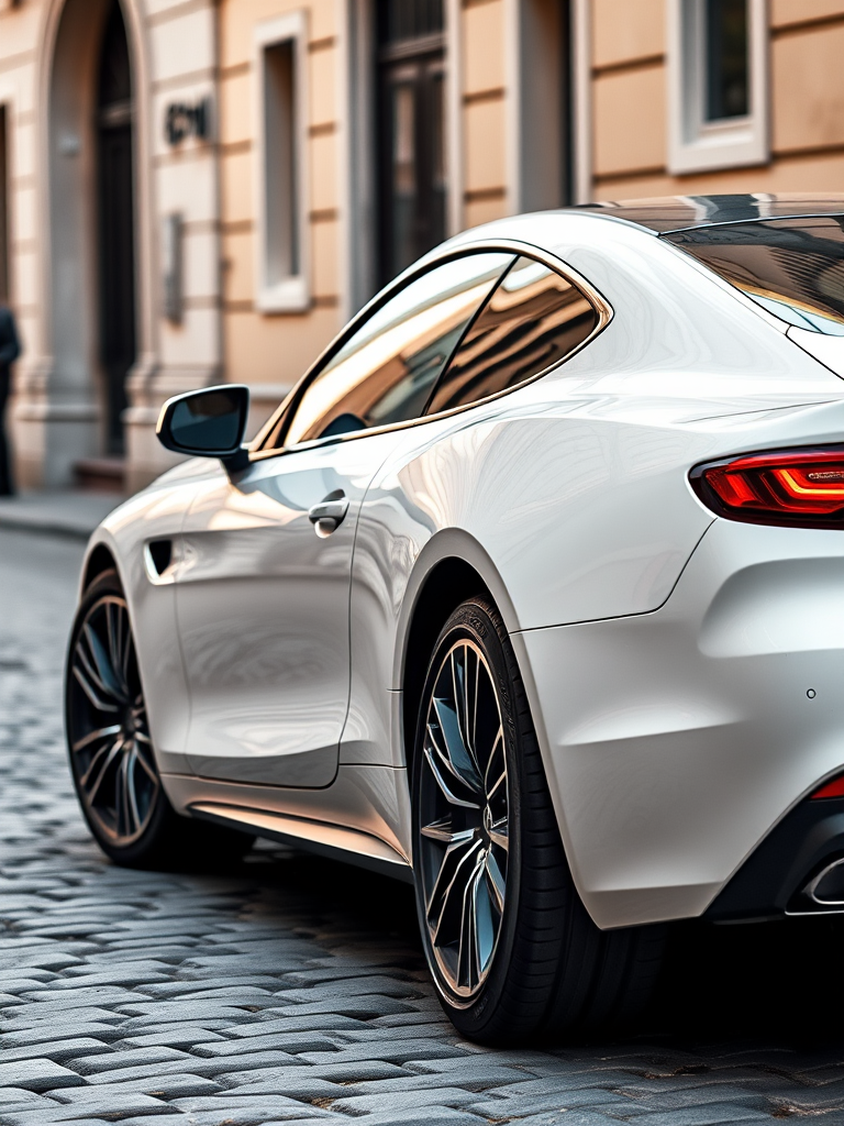 regenerate the image of a sleek white car parked on a cobblestone street, taken with a Canon EOS 5D Mark IV, 50mm lens, aperture f/2.8, shutter speed 1/200s, ISO 100, shallow depth of field for a blurred background, capturing reflections on the car's surface in soft natural light