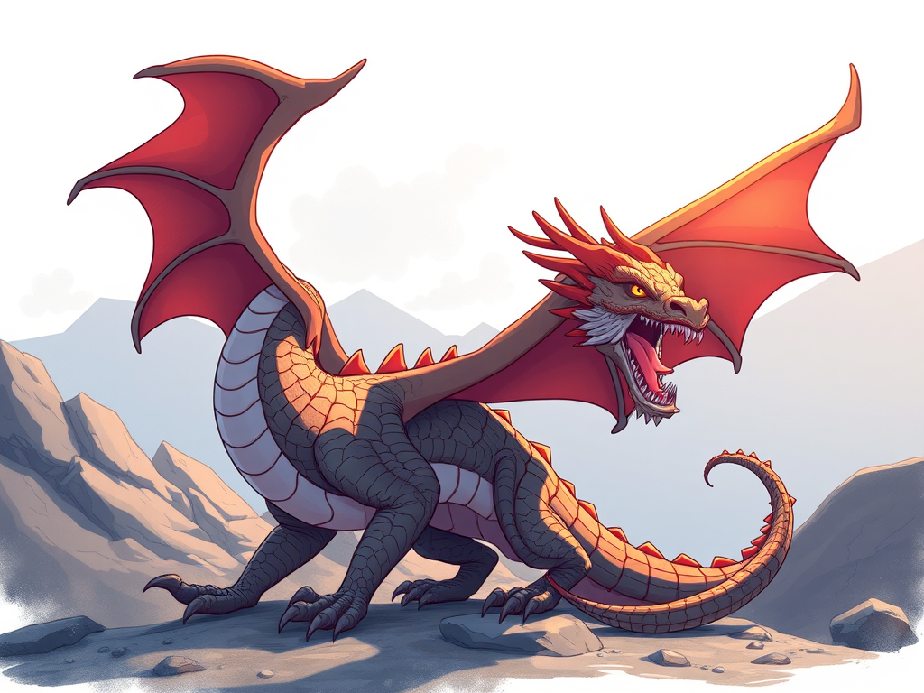 Create a high-resolution illustration of a stylized dragon, using a DSLR camera with a 50mm lens, aperture f/2.8, 1/200 sec shutter speed, natural lighting, and a slight overhead angle for dynamic perspective.