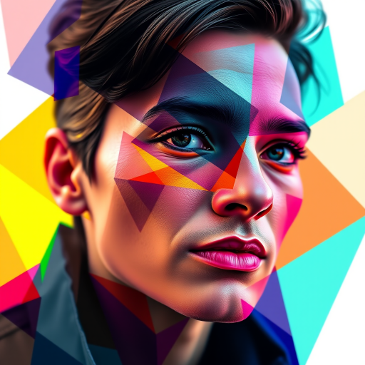 abstract portrait with geometric shapes and vibrant colors, high dynamic range, 50mm lens, f/1.8, ISO 100, natural light, soft focus background, digital painting style, high resolution