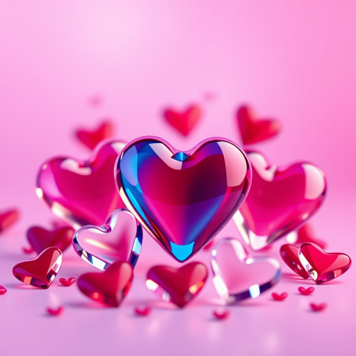 Create a vibrant 3D rendering of red and blue hearts surrounded by transparent glass hearts, soft focus background with gradient of purple and pink, shot with a 50mm lens at f/2.8, ISO 100, in a studio lighting environment, using a Nikon D850.